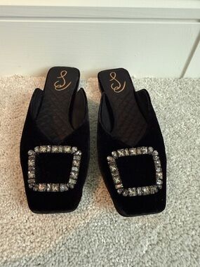 Sam Edelman Black Velvet Mules with Crystal Square Buckles